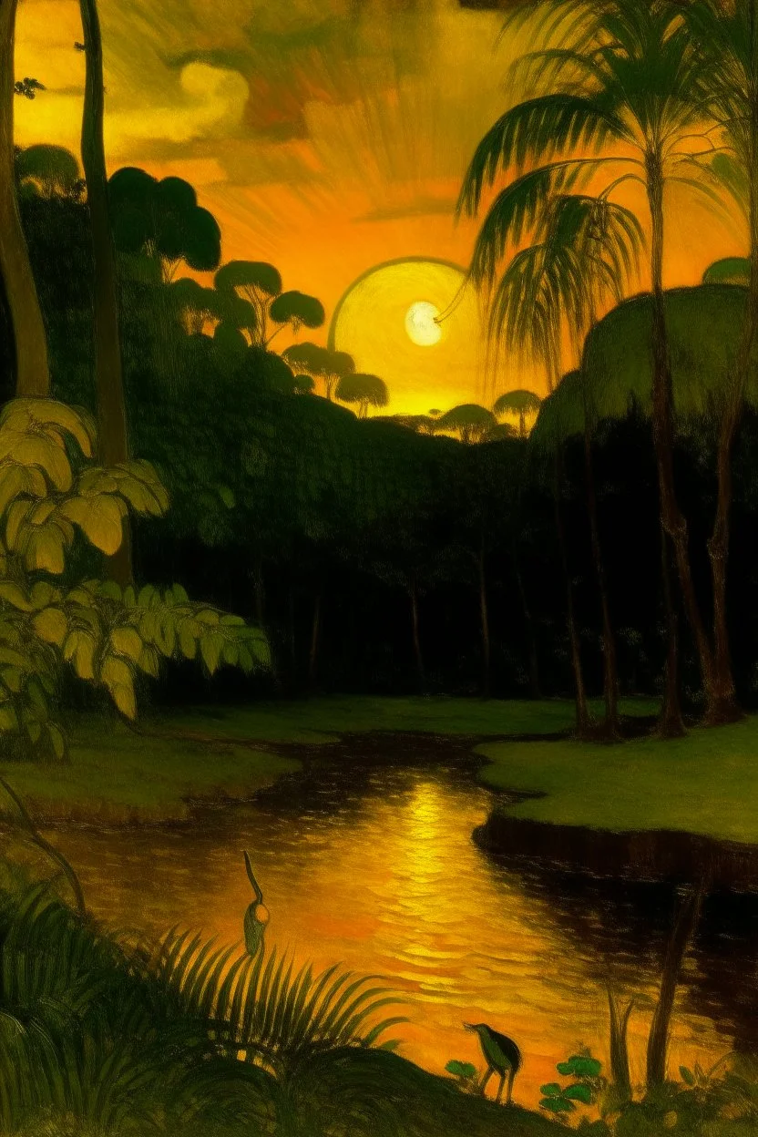 Sunset in A dark gold rainforest near a field painted by Paul Gauguin