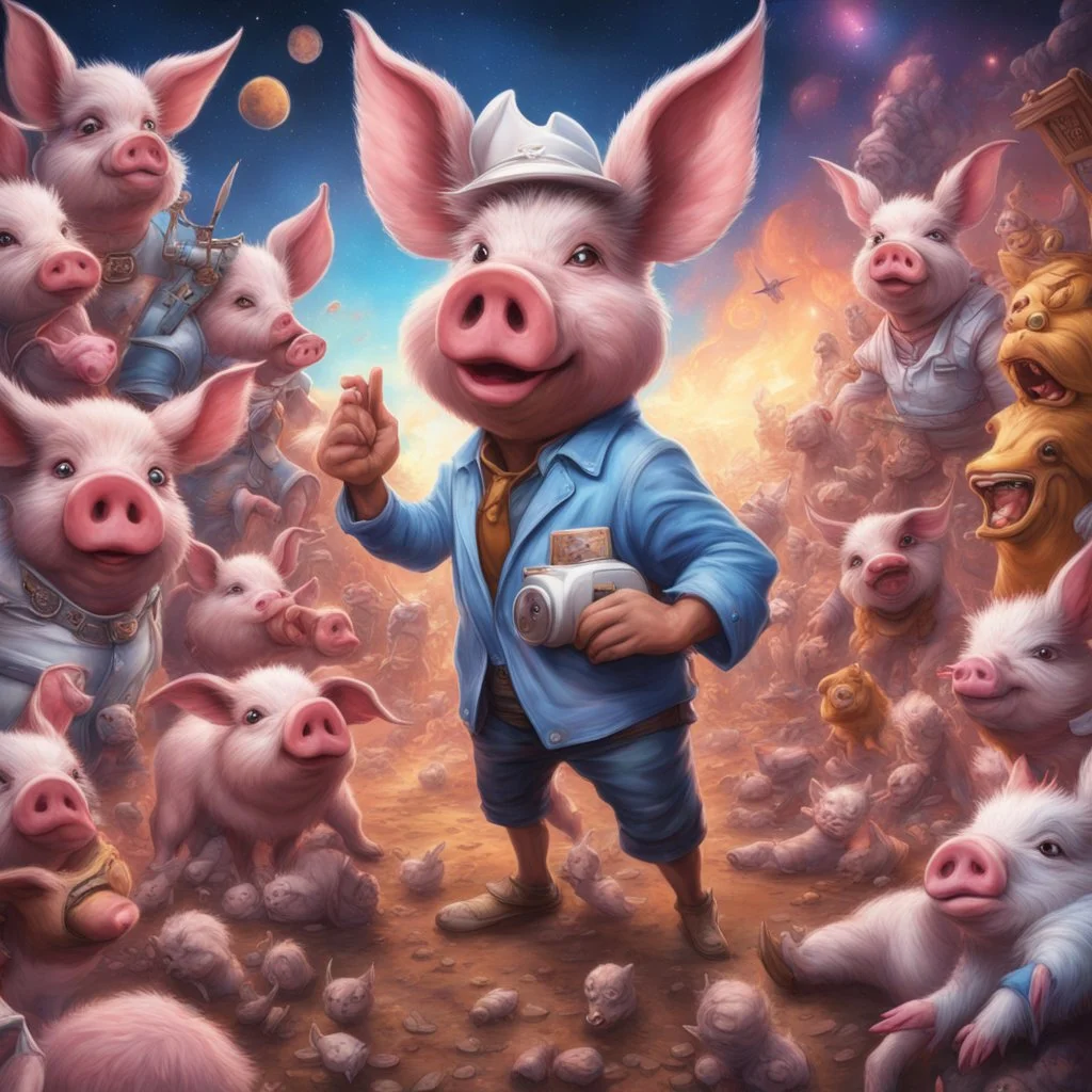 swarm of the swine pigpen pigsty in an epic capitalistic , make them swag angelic poggers bugs bunny photorealisitic borderlands colourful cosmos lil nas x