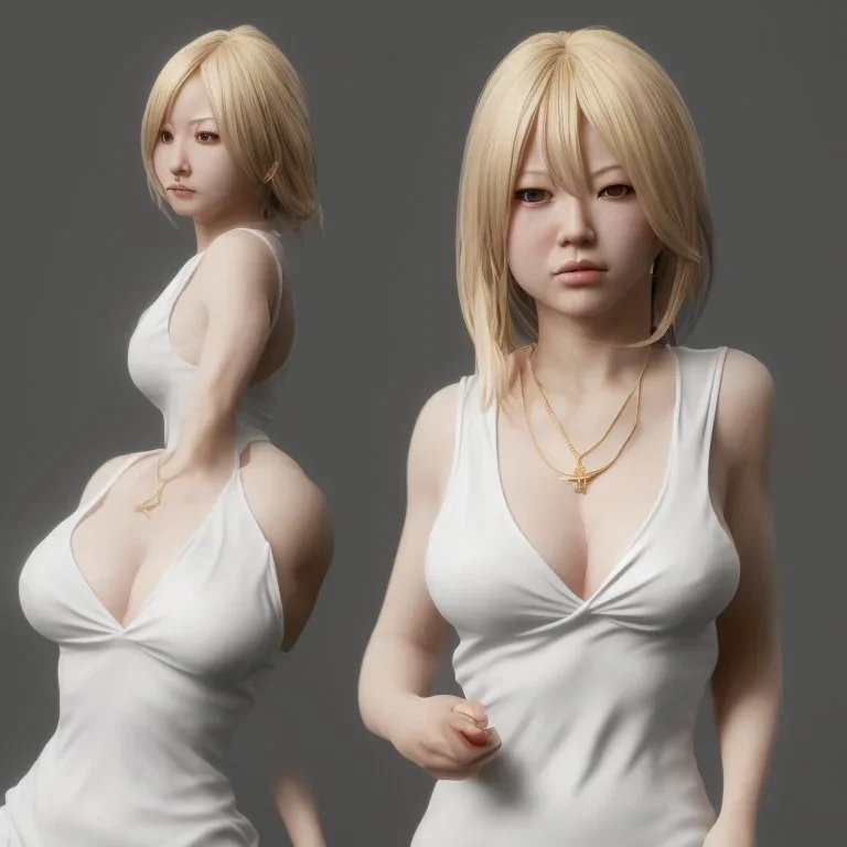 hitomi tanaka, white dress, highly realistic, highly detailed, golden statue,