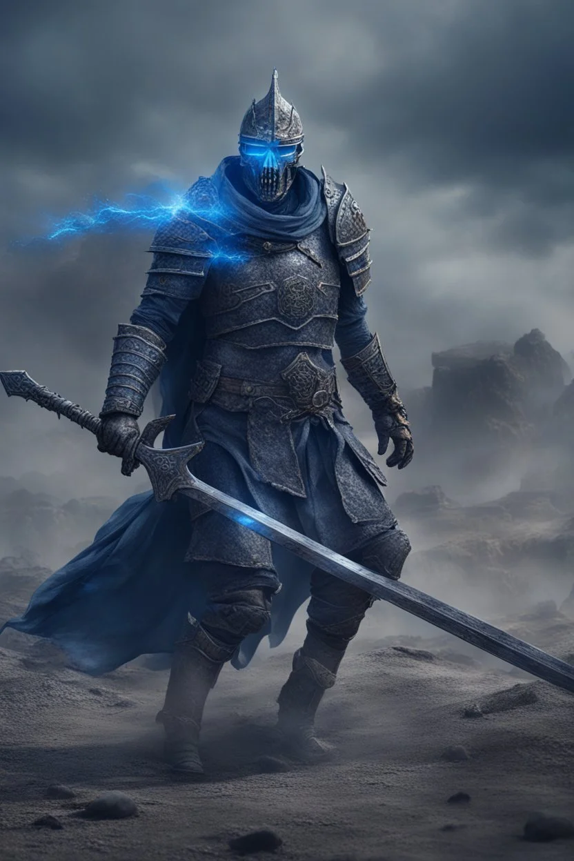 photorealistic Ancient undead warrior knight commander wearing fullplate being surounded by blue aura wandering the wasteland