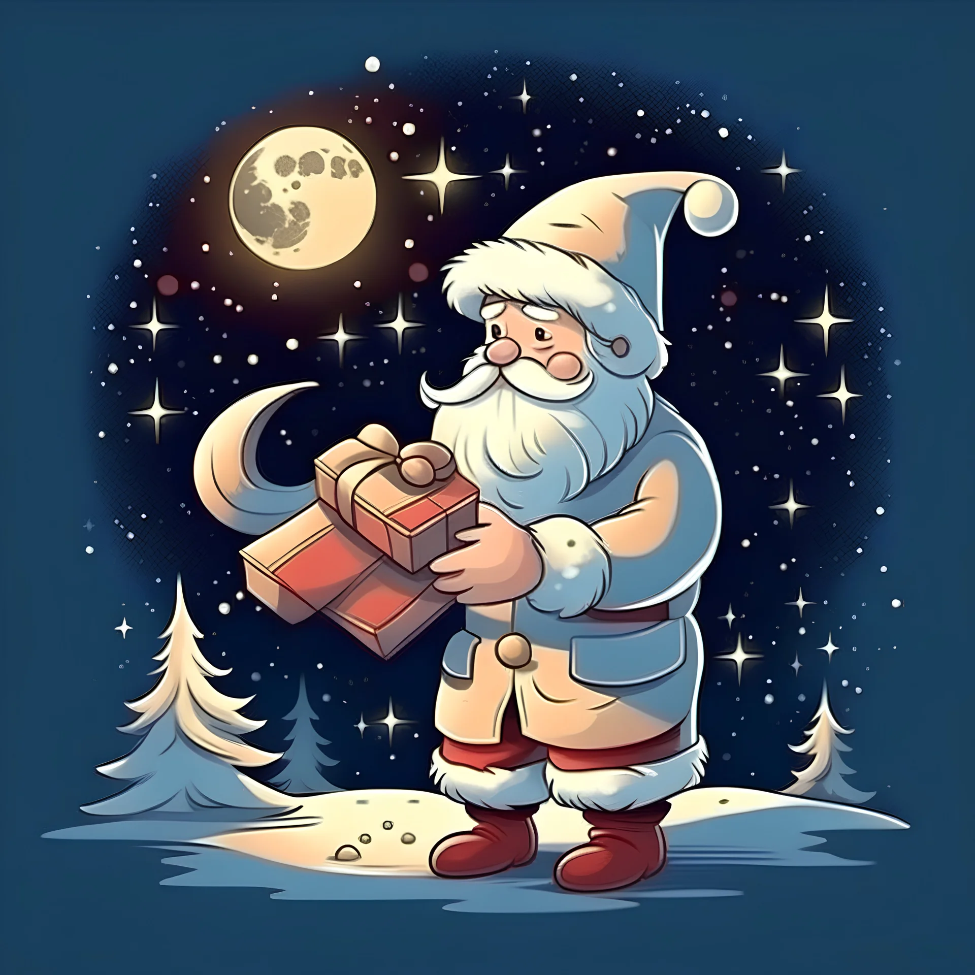 Santa Claus, with a gift, at night, the moon is full, the stars are shining.