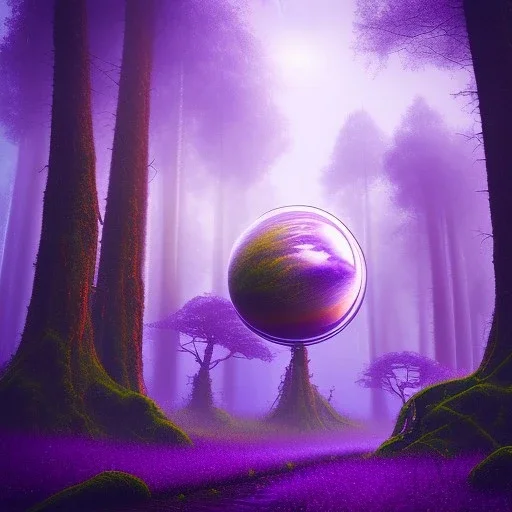 rainy forest with a purple planet over the land