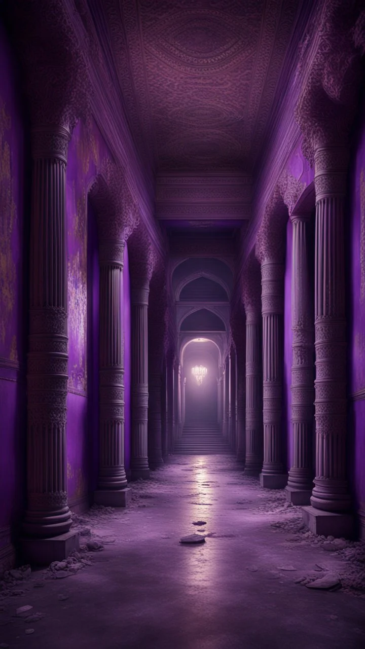 Hyper Realistic big dark hall of an abandoned haunted Indian Palace with decorated purple walls & pillars at night