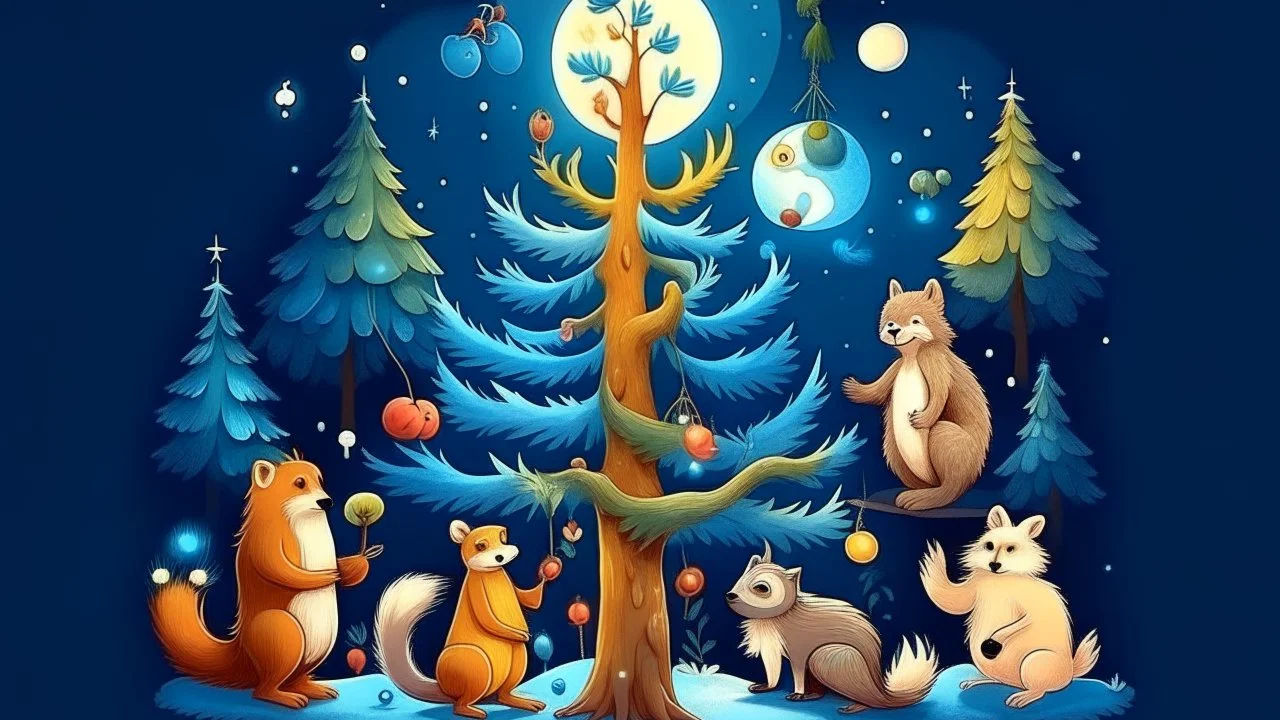 fantasy cartoon illustration: animals are decorating a Christmas tree, beneath a full moon