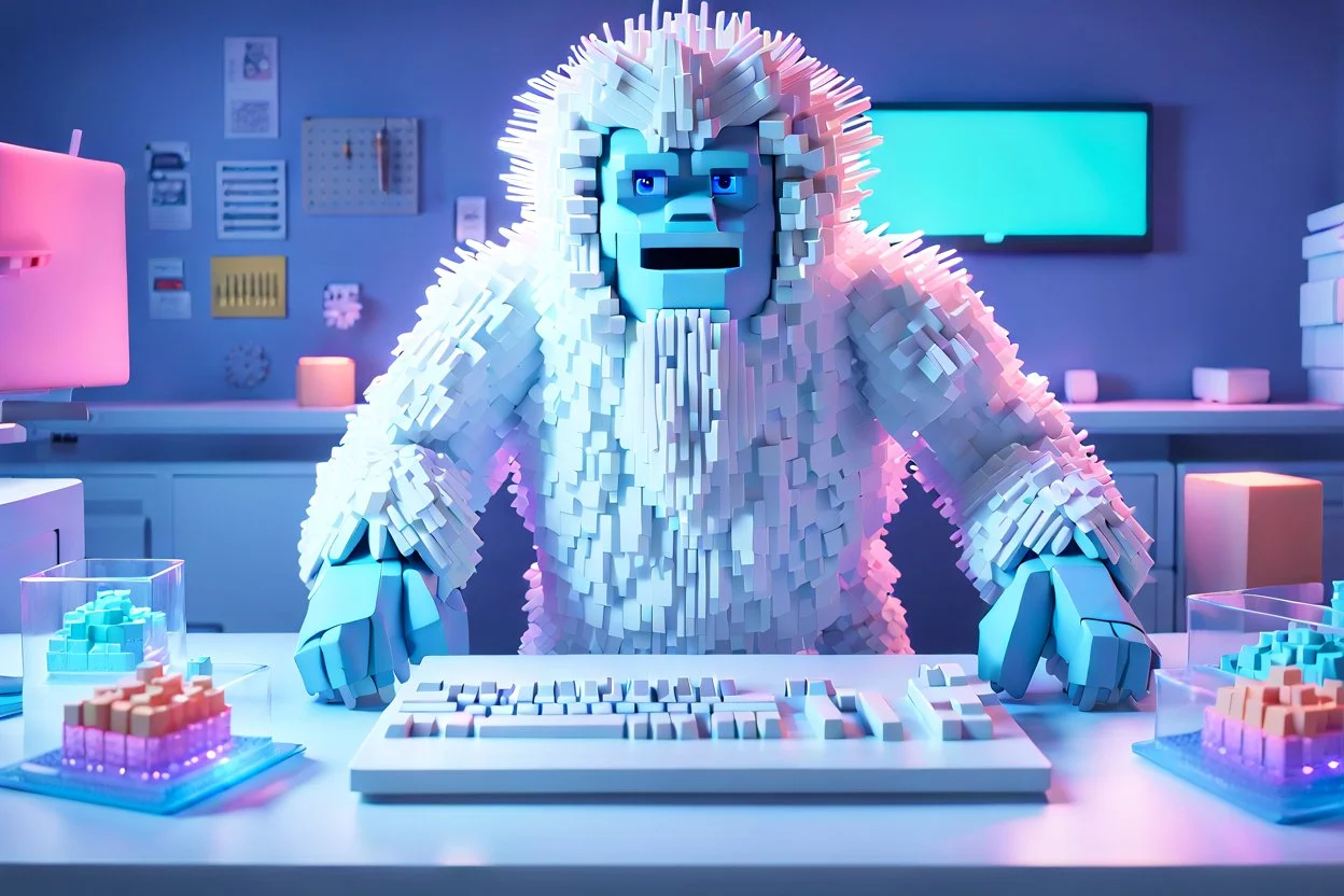 Render in Blender 3D: In a setting rich with cinematic lighting and depth of field, Dr. Yara, the gender-neutral yeti with larger voxel details, is engrossed in crafting a meme. Beside them, voxel representations of 'Mind Viruses' and symbols of memetics are vividly displayed. Their environment is a testament to their commitment to understanding and conveying the intricacies of how ideas spread, akin to viruses.