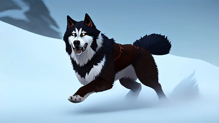 Alaskian Malamute running through the snow, furry style, shamanism, fish