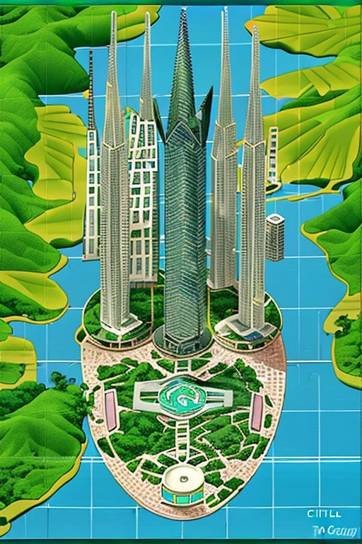 high detail map of an entire tropical dystopian small capital city