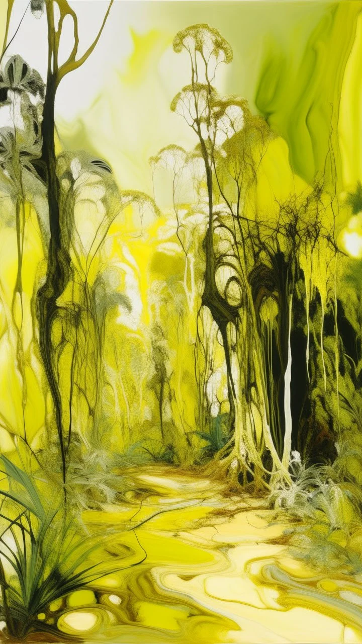 A pale yellow shining rainforest near an arid desert painted by Jackson Pollock