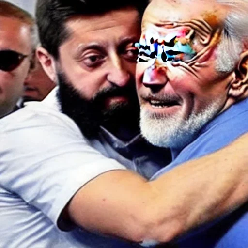 Volodymyr Zelensky WITH A BEARD wearing TANKTOP KISSING JOE BIDEN