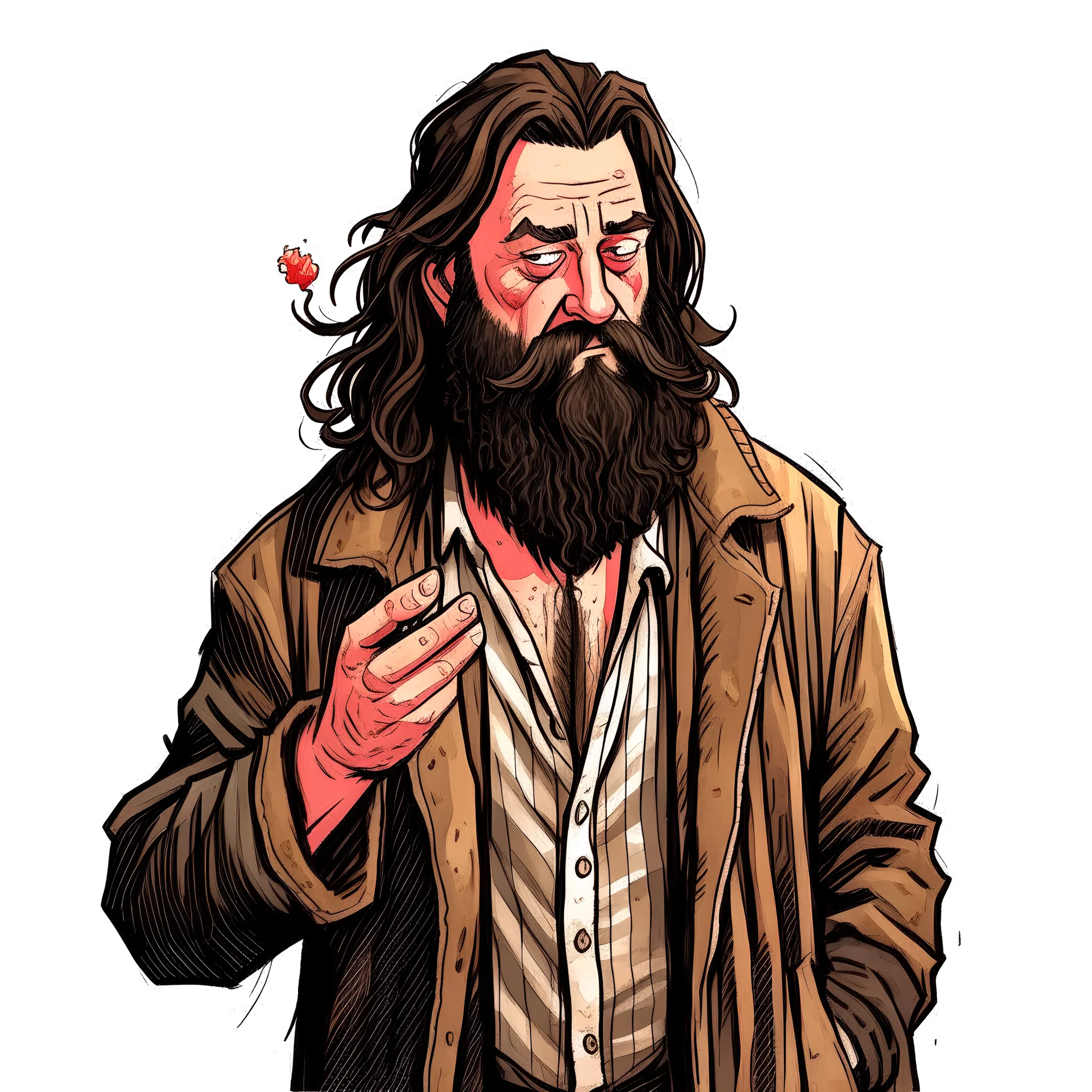 A man in loose, dirty clothes, who doesn't seem to care about his appearance. And holding a cigarette and light He has long, hair and an uncombed beard.