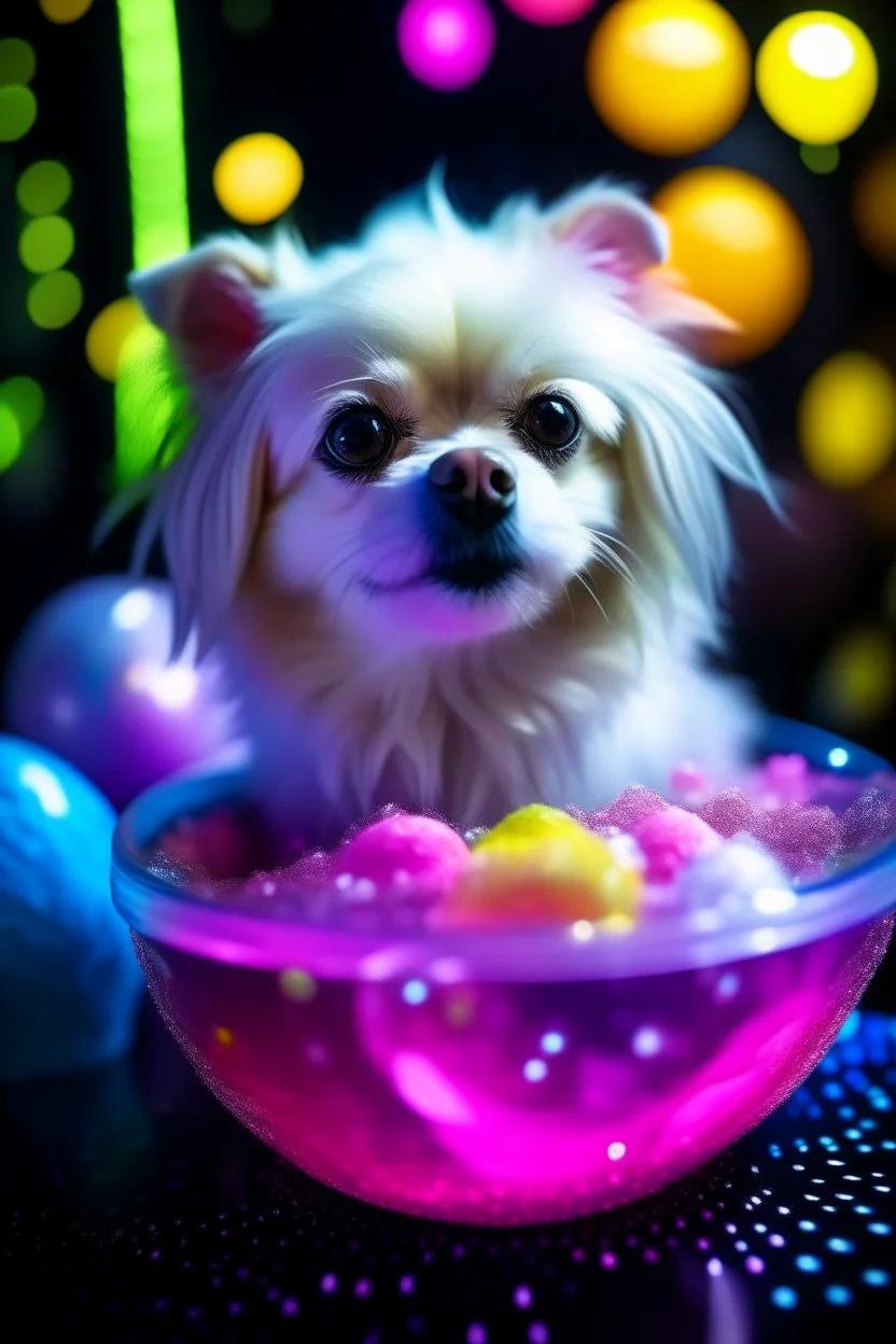 portrait of glittery haired twisted lama lama dog on a yoga space ship made of ice cream, smiling with beautiful shiny ears, each inside a pile of transparent jelly bubbles of weird colors with insect aliens inside, disco egg made of small mirror, light rayz, feast table ,shot on Hasselblad h6d-400c, zeiss prime lens, bokeh like f/0.8, tilt-shift lens 8k, high detail, smooth render, down-light, unreal engine, prize winning