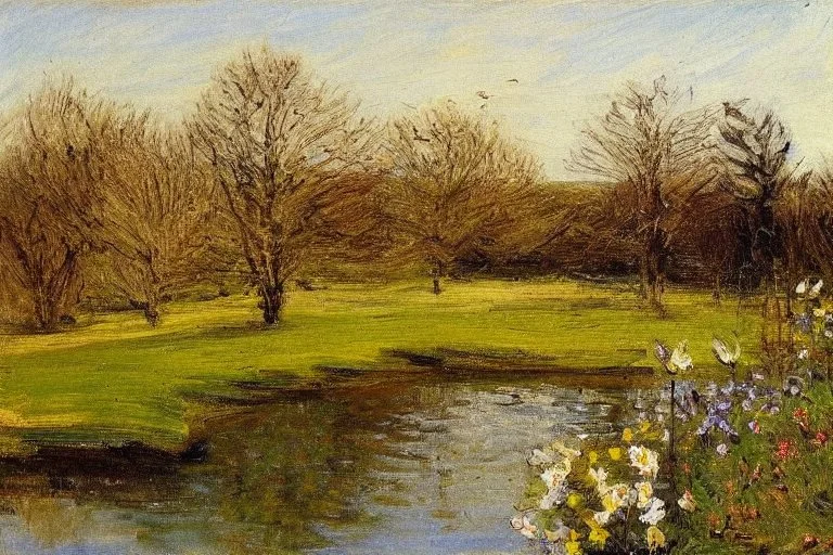 amazing sunny spring day, trees, flowers, fence, little pond, philip wilson steer impressionism painting