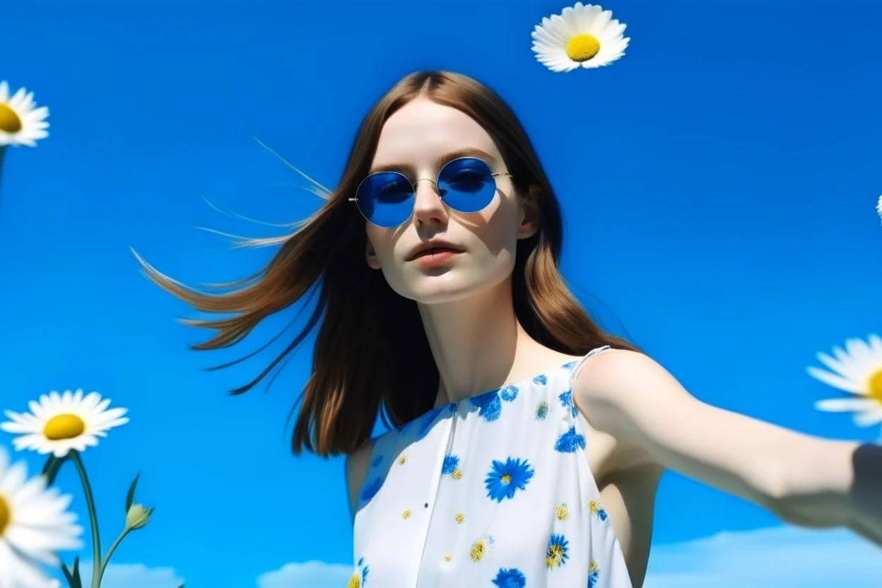 On a pop sky blue background, with embedded daisy flowers, a woman in a white dress, brunette, round sunglasses, 16K, real photography, advertising photography