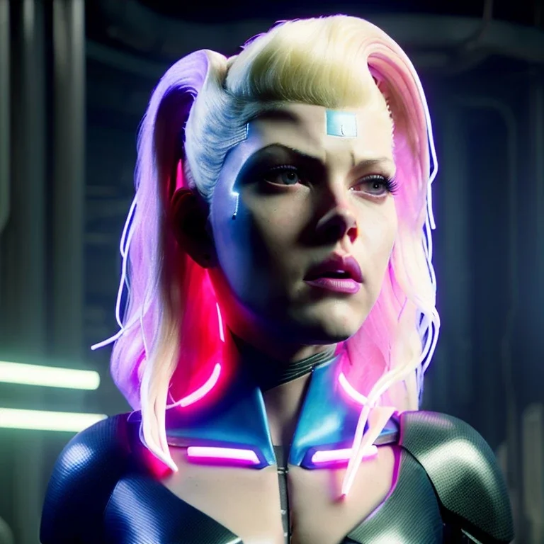 Actress, young Katheryn Winnick, android woman, circuits in face, glow painted face, shaved hair, ghost in the shell, leather coat, cyber punk, neon, army, bamboo, blood, portrait, studio photo, unreal engine 5, soft color, 16 bit, god lights, ray tracing, RTX, lumen lighting, ultra deatail, volumetric lighting, 3d, finely drawn, hd.