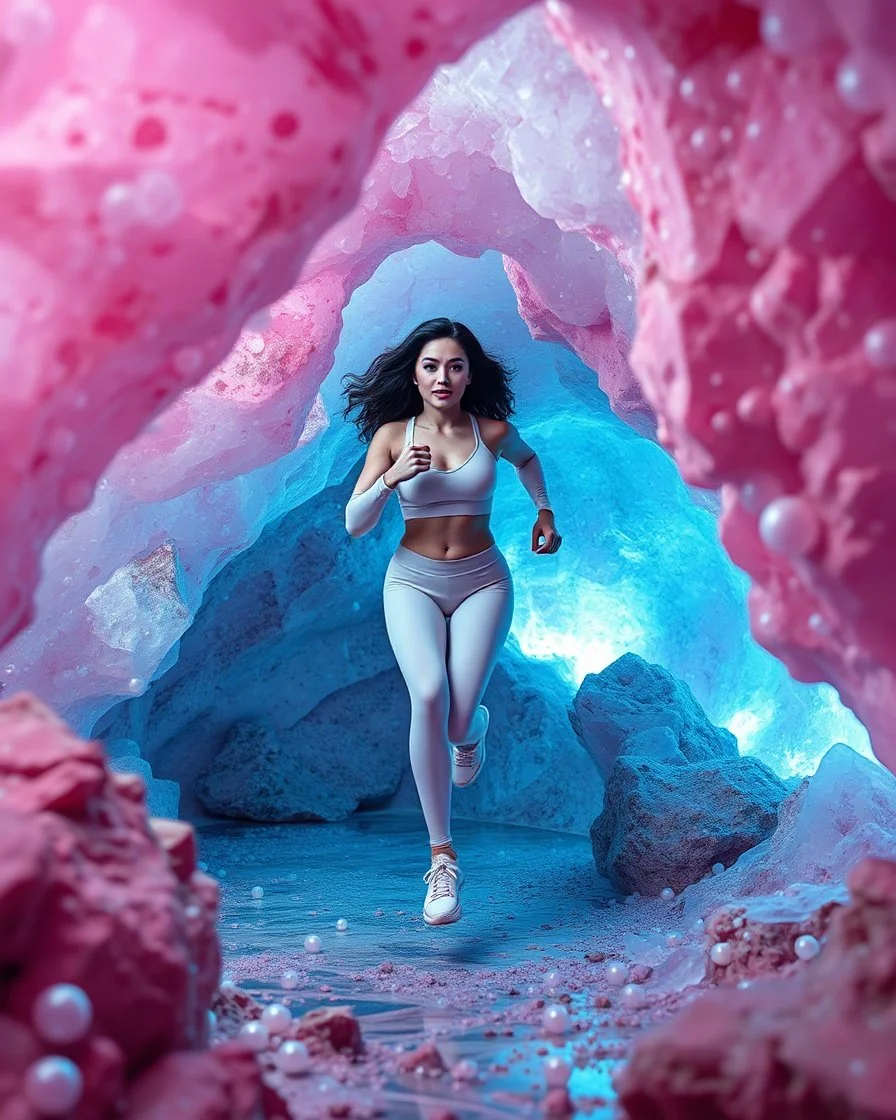 make a video pretty crystal cave covered with jwells and 3d recursive cubic and sphere base pearls and a beautiful fashion model lady with cute,curvy hair,makeup, in pretty sports suit is running inside cave ,dynamic camera fallow her inside cave capturing full body, dynamic lights.