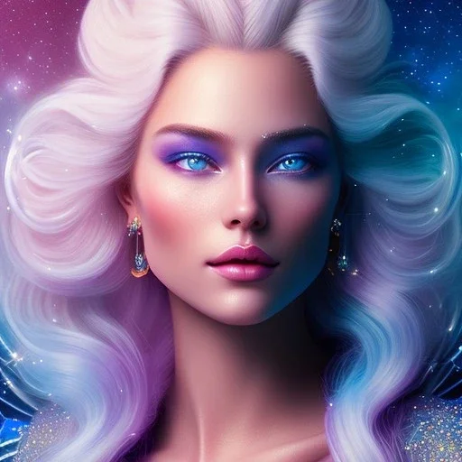  full body white goddess woman glitter smiling long blond hair blue eyes in a galactic ambiance, delicate colors in the foreground, full of details, smooth, light effect，vaporwave colorful, smooth, extremely sharp detail, finely tuned detail, ultra high definition, 8 k, ultra sharp focus