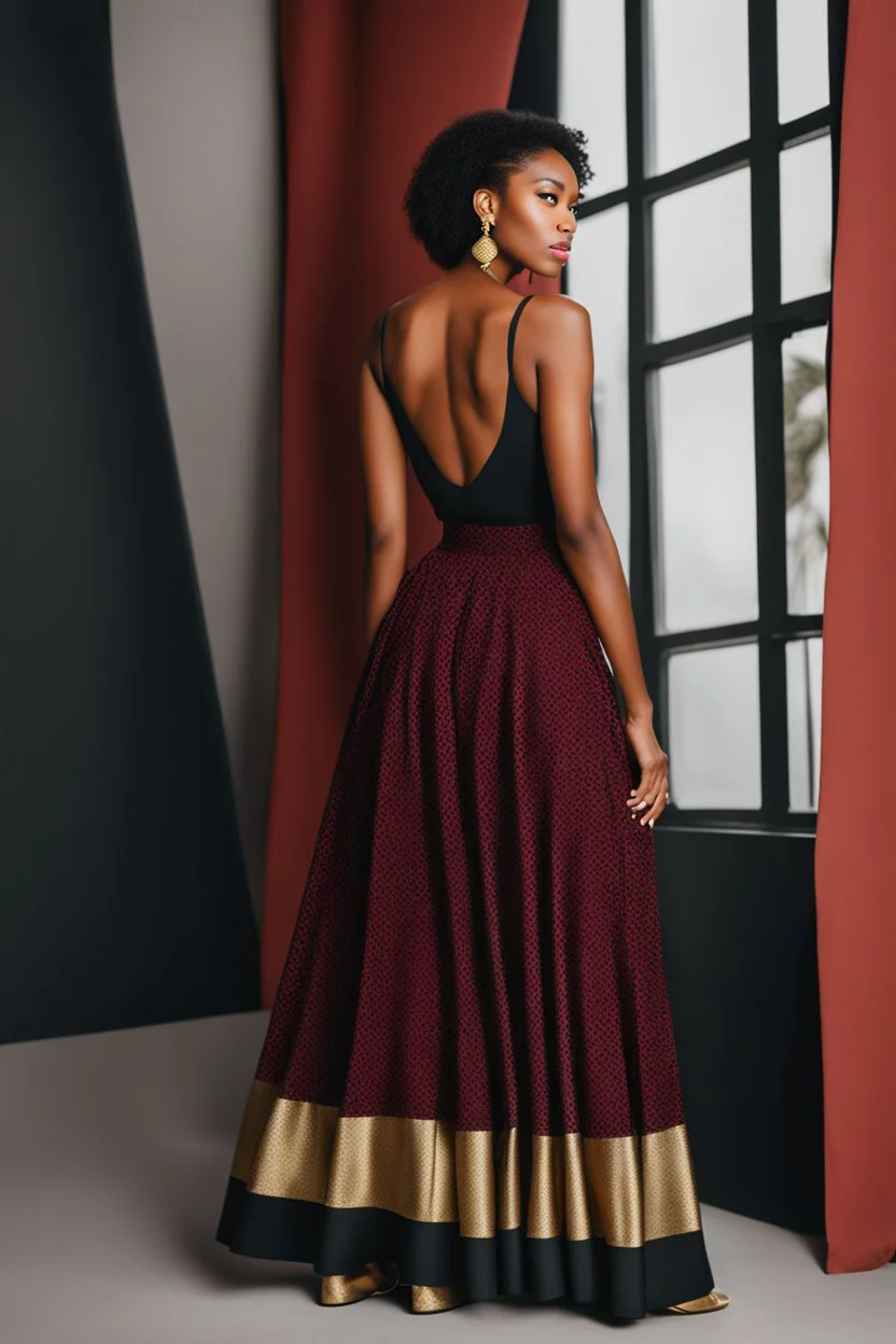 an image of a woman in black and red top and skirt with gold earrings on