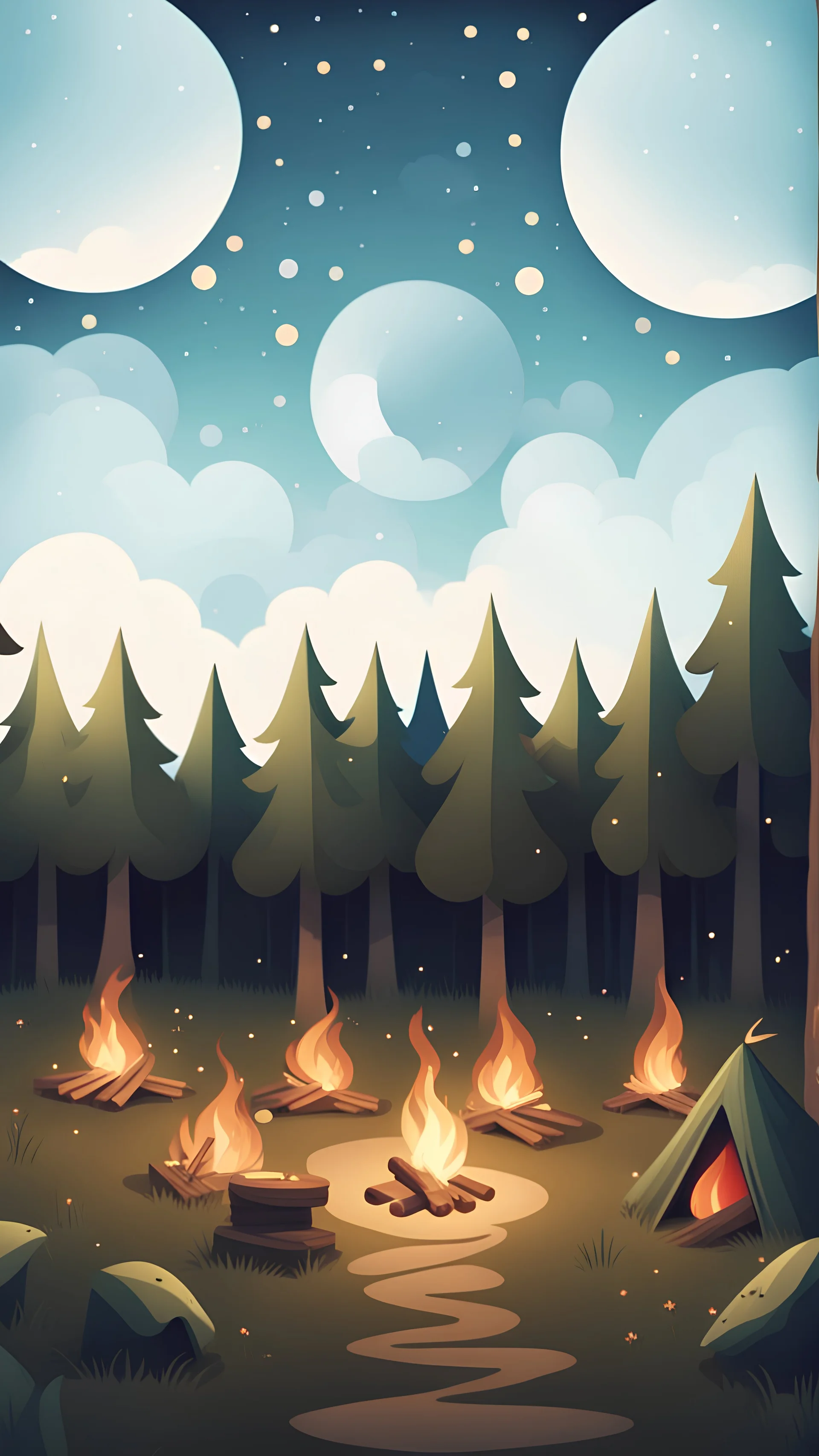 a path into magic forest in the evening, campfire in the middle, happy people celebrating, vintage style