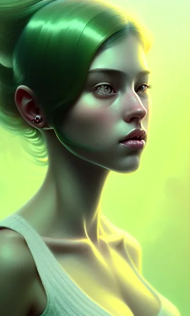 girl, cute, beautiful, green hair, casual clothes, head and shoulders portrait, 8k resolution concept art portrait by Greg Rutkowski, Artgerm, WLOP, Alphonse Mucha dynamic lighting