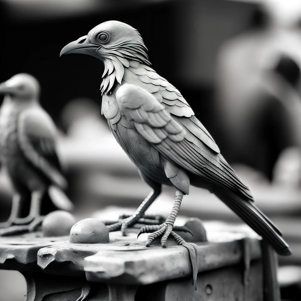 a statuette of a bird-people cult greyscale photo