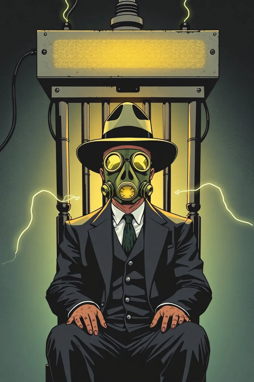 an electric chair with a man wearing a gas mask and wide brimmed flat top hat, graphic novel