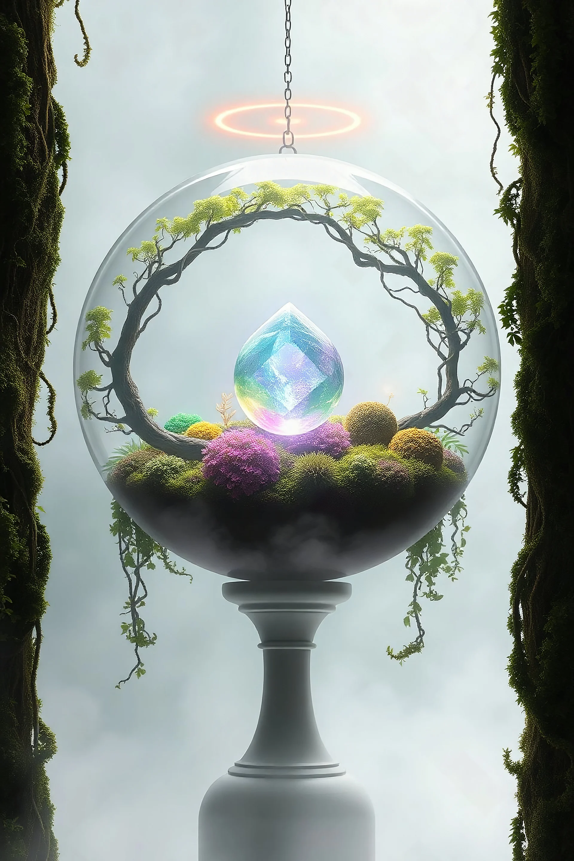 A semi transparent biome suspended above the pedestal, shrouded in mist, moving within overgrown moss vines, a sacred semi transparent object floating within the semi transparent sphere, a halo misty mist, inlaid in purple, green, and gold