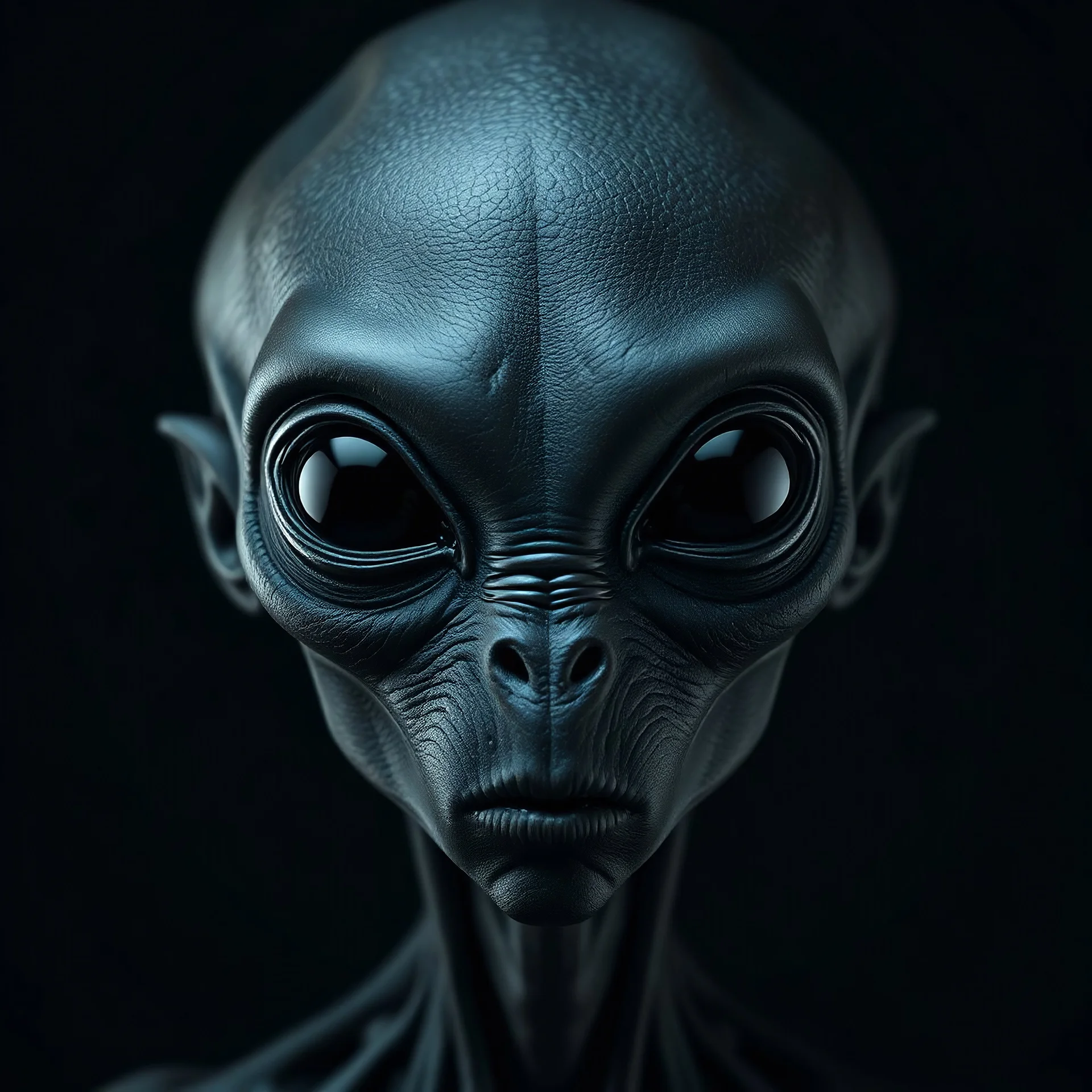 upper body shot of a super black skin alien, full head, 40 years old, looking at the camera, super big head, super big black eyes, small mouth, no ears, total black skin. photo real, hyperrealistic, high dynamic range, rich colors, lifelike textures, 8K UHD, high color depth. neutral dark background.