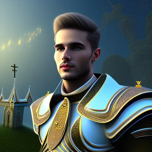 A handsome npc standing in front of a church, futuristic design, a paradise in background, close-up face