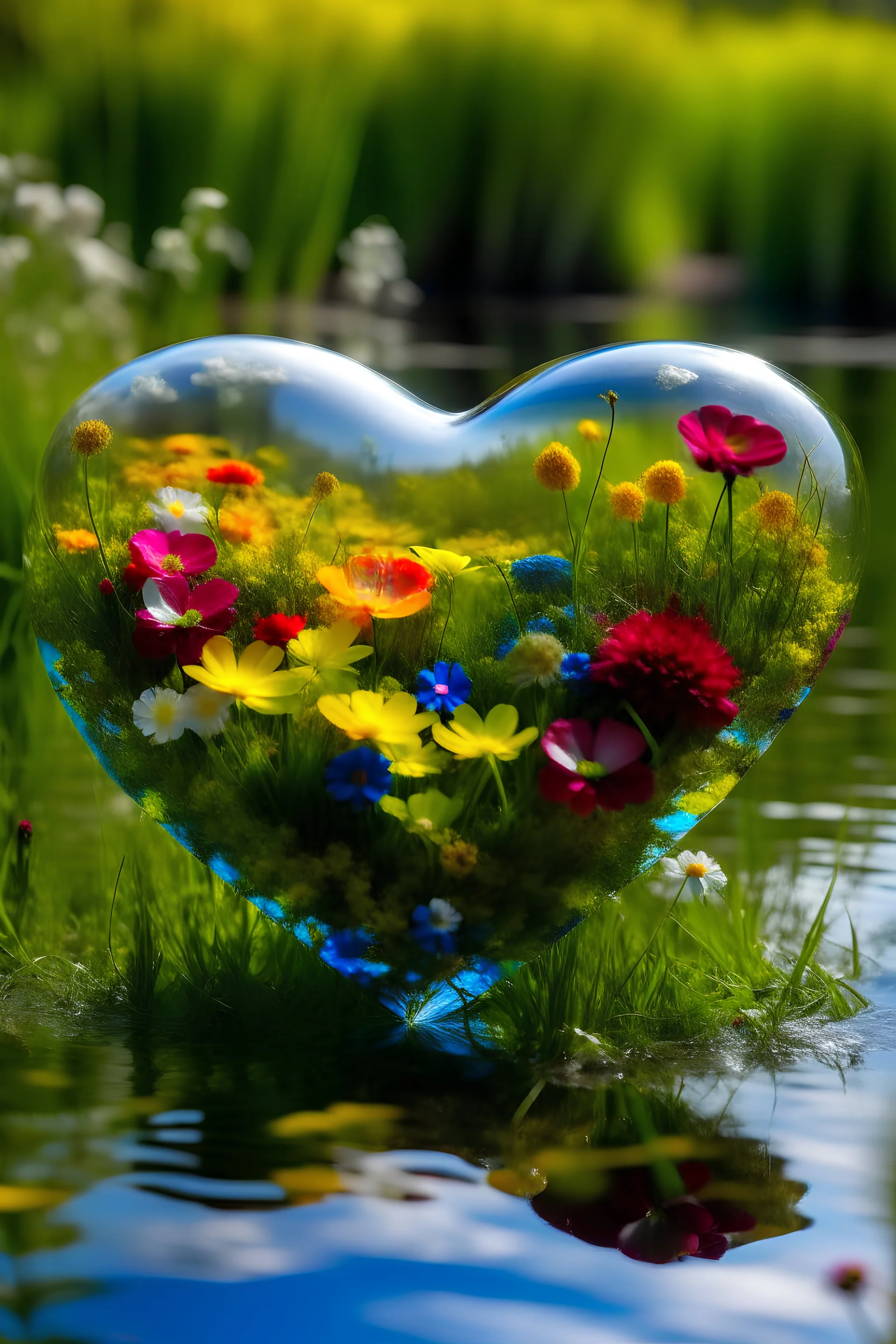 Herz aus Glas, gefüllt mit einer bunten Blumenwiese, schwebend über einem See, Frühling