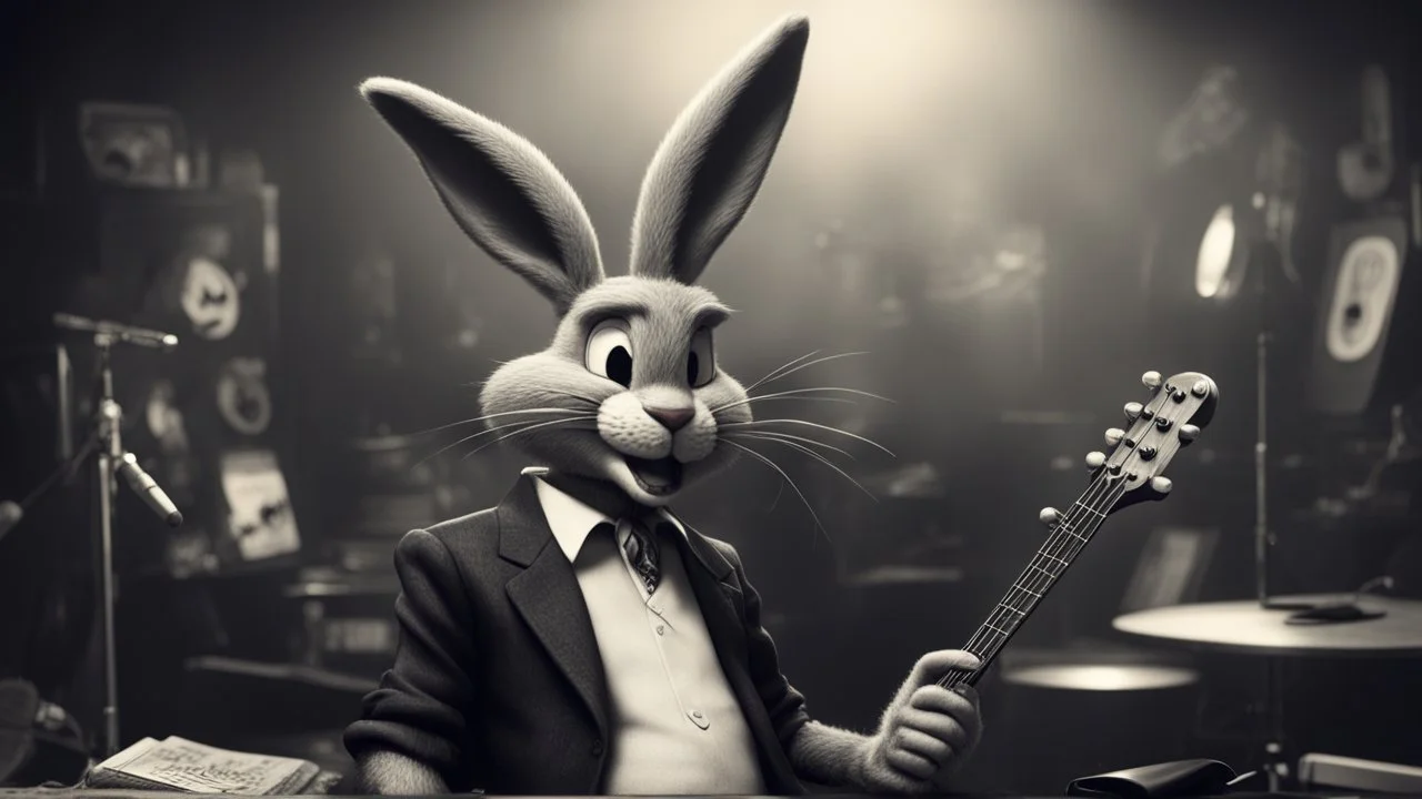 photorealistic deppressed dark melancholic sad Bugs bunny deppressed doing music rock and roll dark heavy metal on a scene alcoholic, ciggaretes ciggaretes ciggaretes