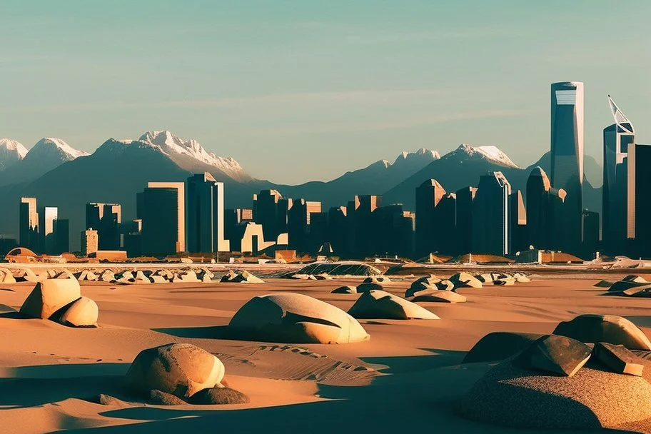 Modern city, people, mountains, sand, rocks