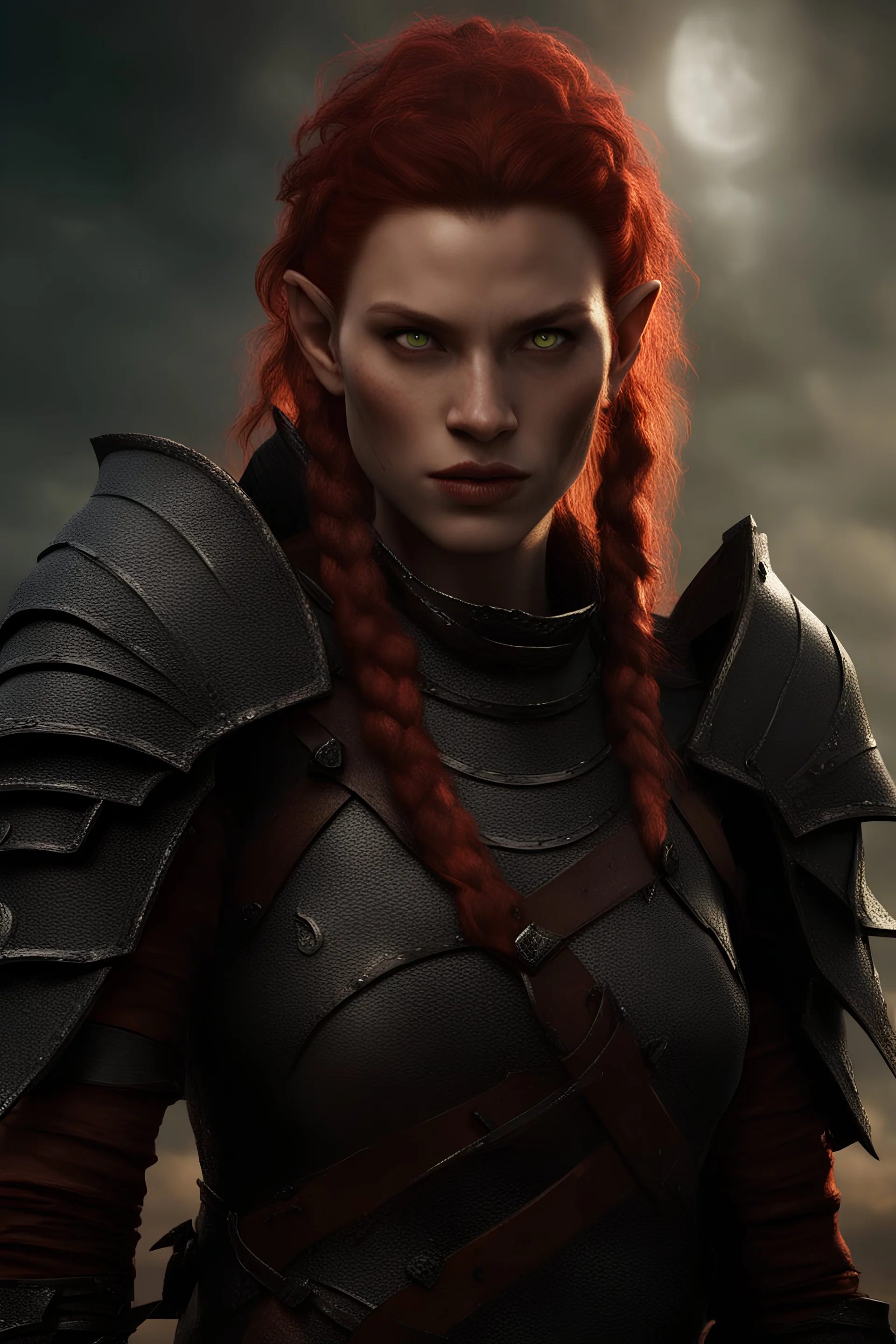 portrait of young female half orc warrior. very atletisch. proud. relaxed. green eyes. orc teeth. red-brown wavy hair with braids. Pointed ears. Wears armour made of red coloured leather, black fabric and dark metal. Daylight. High resolution. 4K. 8K. Fantasy style