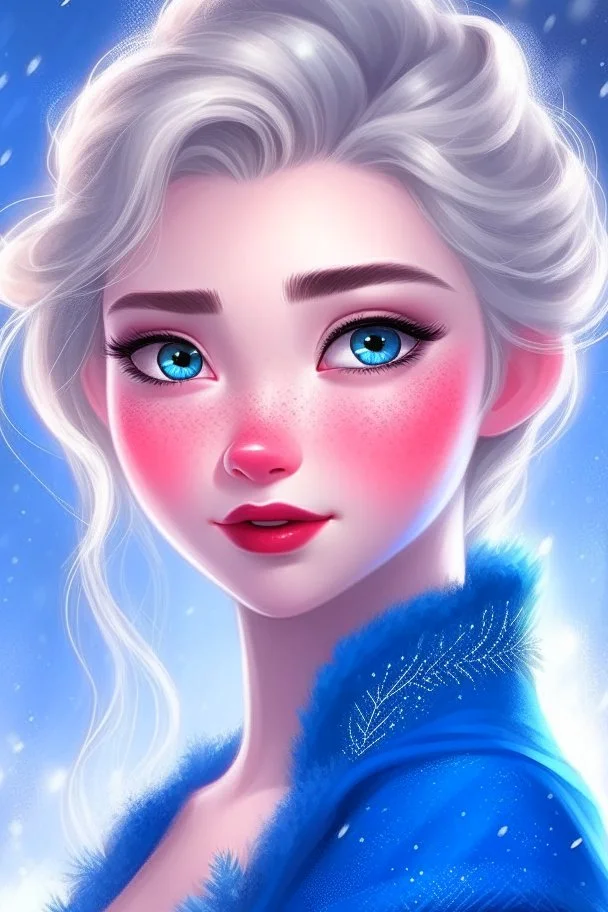 Princess Elsa is very beautiful, with a beautiful face, matching blue eyes, a slim nose, and a matching mouth. She wears a luxurious blue dress with delicate details in the snow