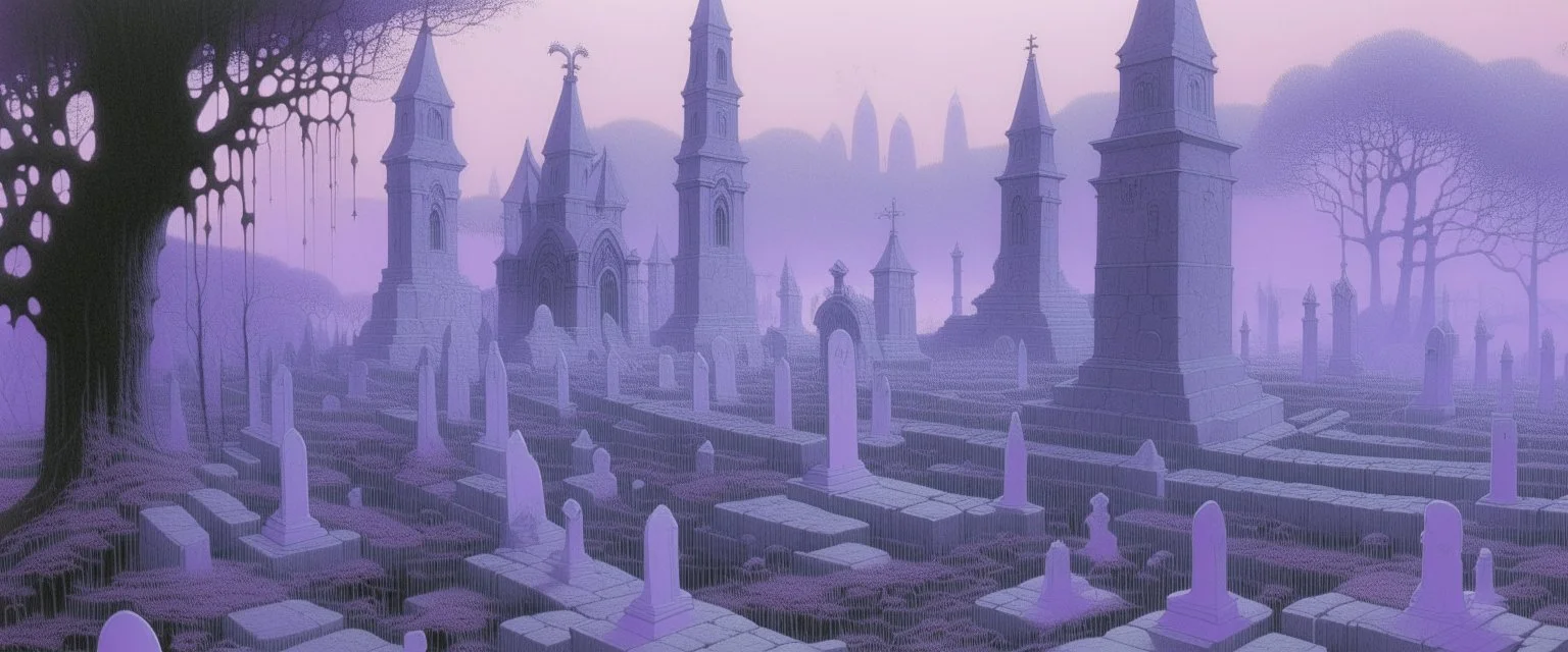 A light purple graveyard with ghosts painted by the Limbourg brothers
