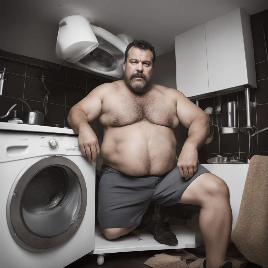 full figure shot photography, ugly turkish chubby plumber repairs boiler, burly, shirtless, hairy allover, manly chest, muscular big beefy 40 years old, dressed in boxer, big thighs, seen from below, frontal view, ambient occlusion, side light