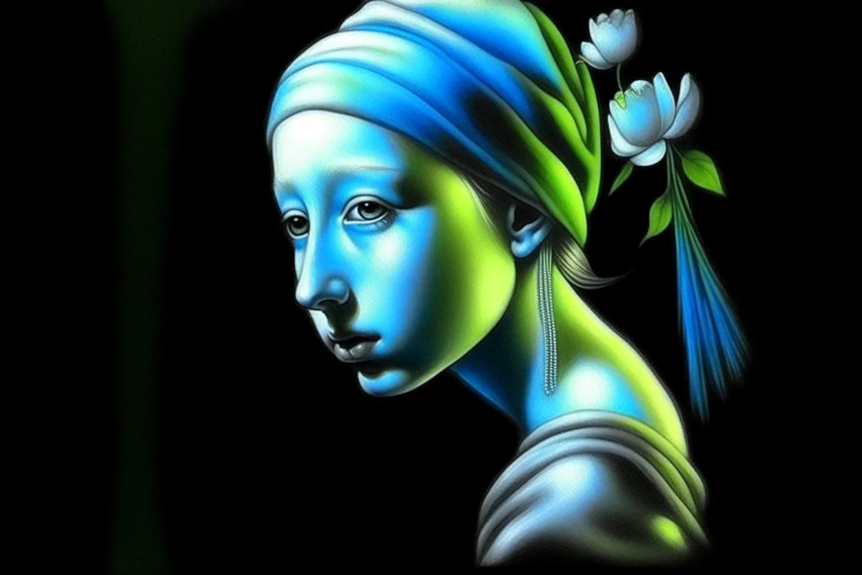 flower cut, girl with pearl earring S<AI in moonlight, shaded pastel and charcoal drawing, bioluminescent, holographic