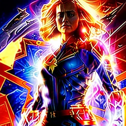 Captain Marvel,flying in the sky, hair on fire, realistic, vibrant colors, Kate beckinsale's face, long hair, gold angel wings, full body, in space, muscular, hyperrealistic