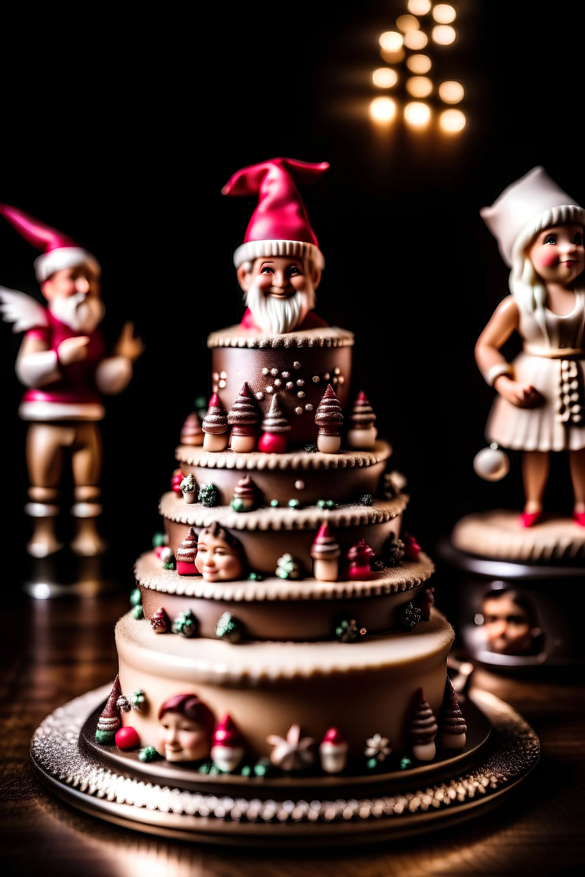 Christmas themed three layer cake full of elves, Santa's, ms santa, presents. All delicious and realistic photography