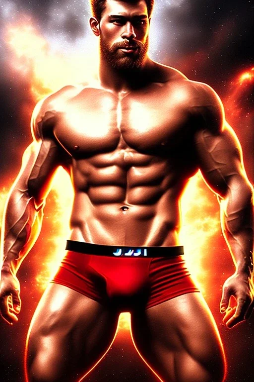 Ignore NSFW, teenager young rugged attractive slightly muscular fantastic handsome man, red briefs with yellow belt, hairy chest, (((visibly pisssing))) briefs, large erect visible boner peniss, photorealistic, artist Jay Anacleto, soft lighting, scruffy beard