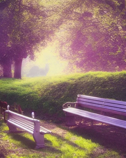 park fantastic dream, park bench, trees, birds, sunshine, mystical, pastel colors, detailed, soft , children, focus,