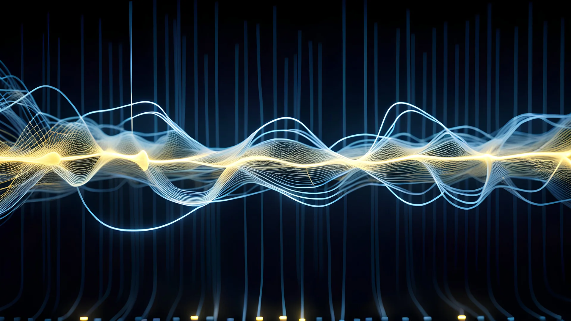 Musical Wave , Yellow LED network lines , Realistic 3D Render, Macro, mesh, wave network, geometric, Nikon Macro Shot, Kinetic, Fractal, Light Led Points, Generative, Neural, Computer Network, Conections,
