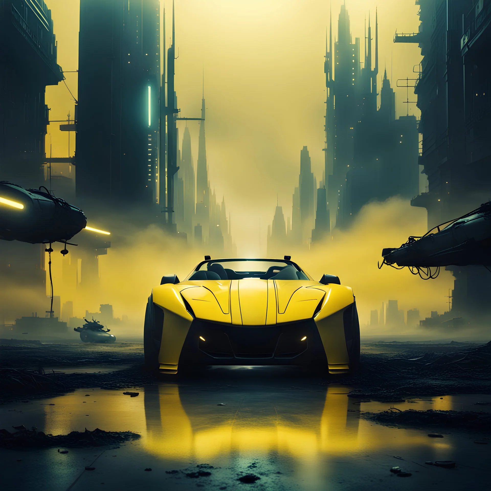 Ground level dark futuristic city scape. Yellow mist near the ground. torture scene silouhette. futuristic car in the foreground