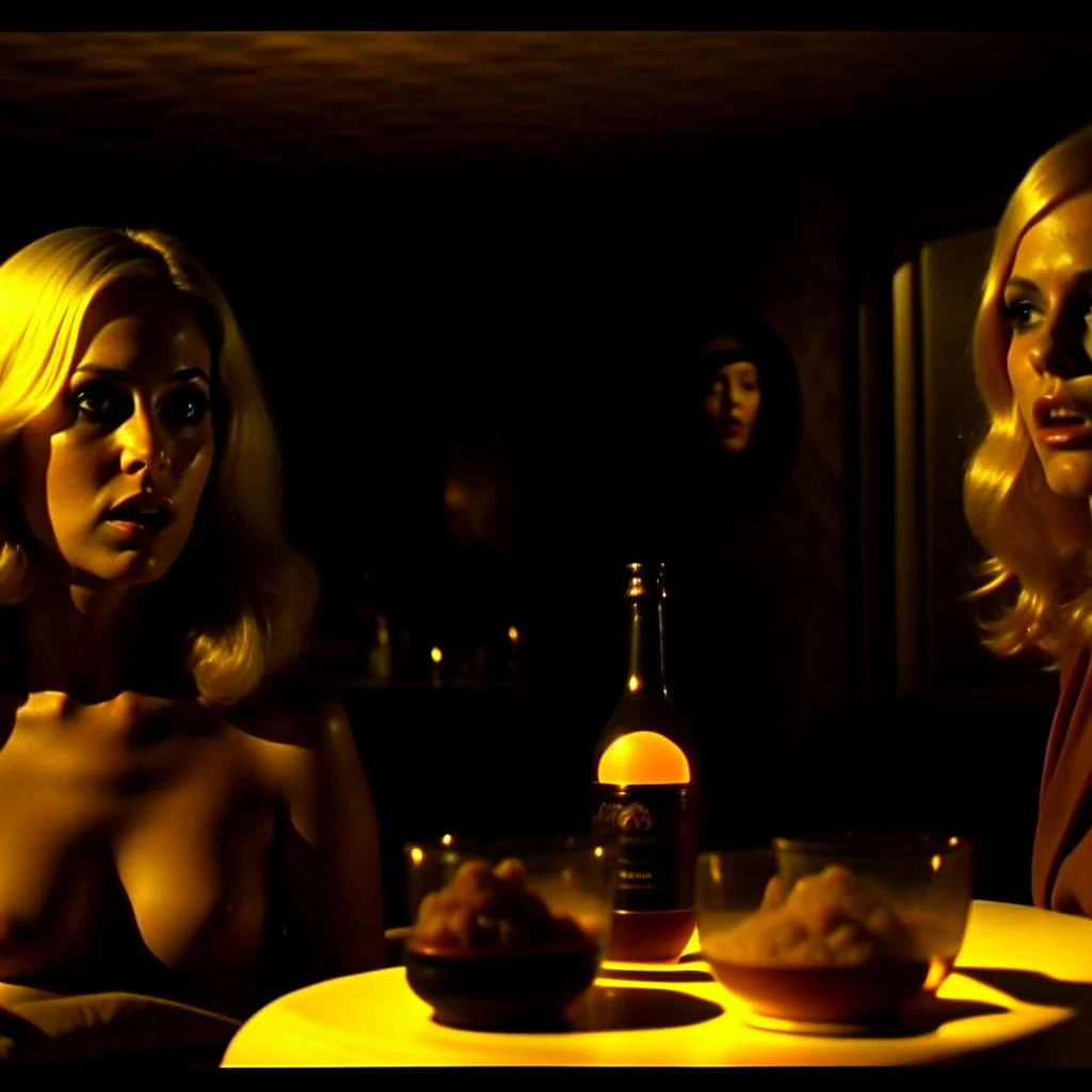 Horror movie shot, spooky, hot, ultra realistic, dine, desert, ultra realistic hot blonde women, party, organic, ail, dynamic, very excited people, hypermaximalist, figures, light, 1970's Italian horror movie, sinister, Dario Argento, Stanley Kubrik, ornate, 4k, photorealism