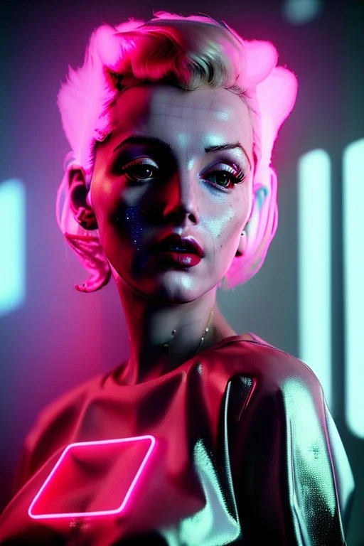 Ultra Realistic image, portrait, blonde woman, sweet Marylin Monroe face, perfect iris, glow eyes, makeup. Cyberpunk style, oversized transparent latex coat, yakuza tattoos. fog, rain, soft color, highly detailed, unreal engine 5, ray tracing, RTX, lumen lighting, ultra detail, volumetric lighting, 3d, finely drawn, high definition, high resolution.