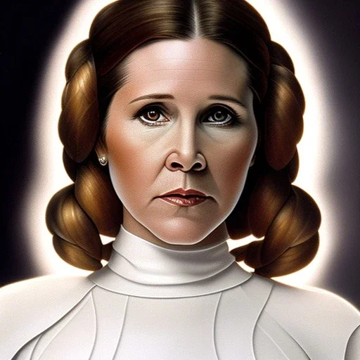 extremely detailed 8k hyperspace wallpaper,complete and photo realistic detailed head to waist stunning photo realistic portrait of carrie fisher as Princess Leia in star wars with photo realistic minimal updo hair , brown eyes, professional majestic oil painting by Ed Blinkey, Atey Ghailan, by Jeremy Mann, Greg Manchess, Antonio Moro, trending on ArtStation, Intricate, High Detail, Sharp focus, dramatic, by greg rutkowski, realism, beautiful and detailed lighting, shadows