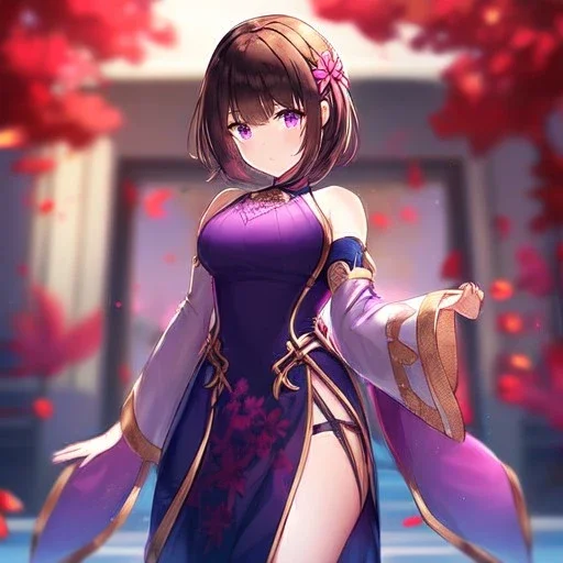 Clear focus,High resolution, one girls, Short brown hair, Purple eyes, Wearing a techy outfit standing with blurry sakura leafs falling down, Wearing a split skirt, Cut Sleeves, Gacha Animation