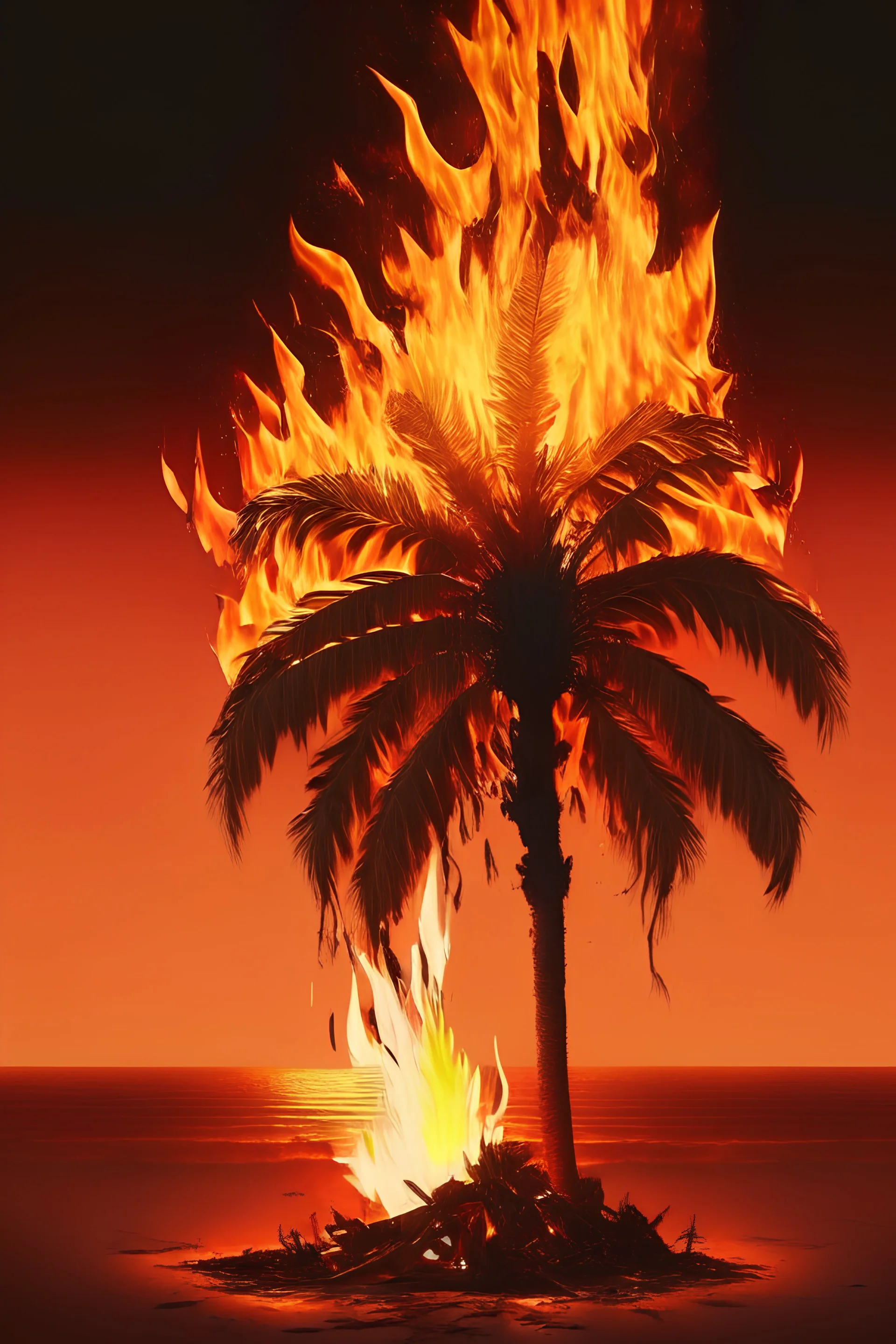 a fire in the sun ,molten watch,palm tree ,Zdzisław Beksiński style