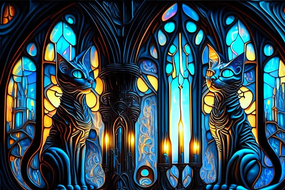 Futuristic cat shaped fancy candles, H.R. Giger style stained glass cathedral, Caravaggio, James Jean, Erin Hanson, hyperdetailed, backlit