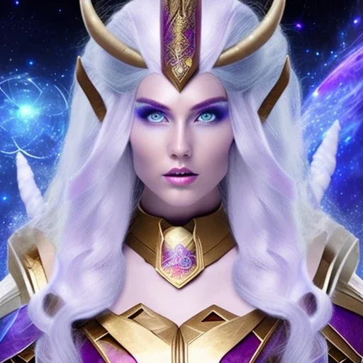 cosmic mage, elf, female, battle mage, epic, cosmic magic, long ears, white hair, face details, pale skin, jewellery, broad shoulders, sharp ears, cosmic clothes, cosmic eyes, ears shown, light out of eyes, the cosmos in eyes, stars in eyes, shining eyes, non human face, thin face, animation, detailed ears, magical eyes, non realistic, closed mouth