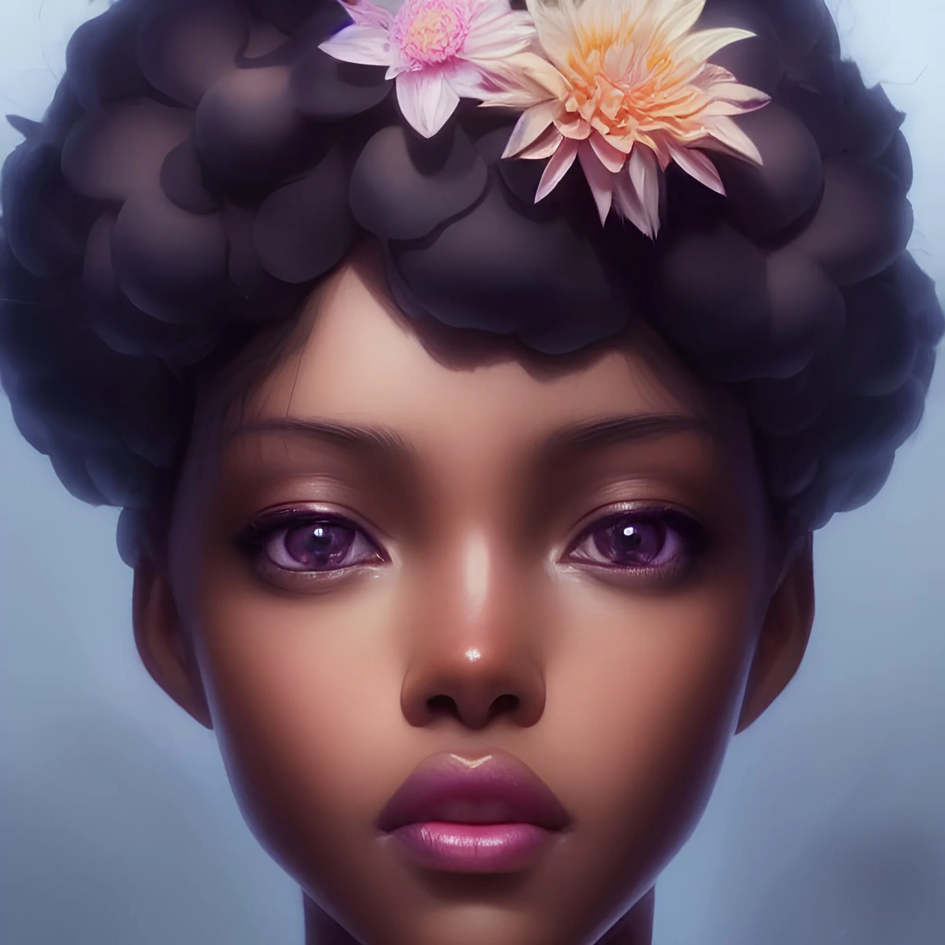 Closeup face portrait of a ebony girl wearing crown of flowers, smooth soft skin, big dreamy eyes, beautiful intricate colored hair, symmetrical, anime wide eyes, soft lighting, detailed face, by makoto shinkai, stanley artgerm lau, wlop, rossdraws, concept art, digital painting, looking into camera